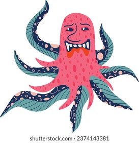 a quirky funny octopus with a cute face in glasses. Illustration in a modern childish hand-drawn style