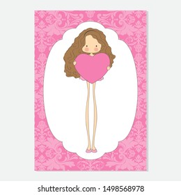 quirky girl character with huge heart, pink vector background 