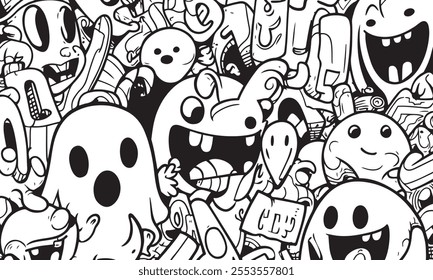 quirky hand drawn black and White seamless doodle pattern art vector for digital print use and Monster backgrounds 