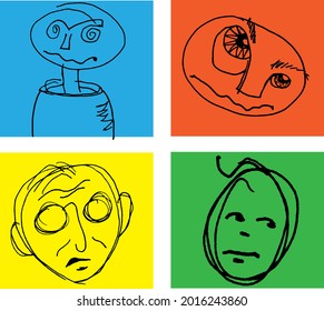 quirky hand drawn oval head character vectors with crazy eyes on colored background
