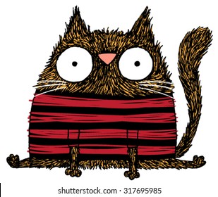 Quirky hand drawn vector sketch of a cat wearing a jersey jumper.