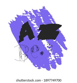 Quirky hand lettering, arty typographic doodle on paint brush stroke smudge. Paper texture, ink, marker pen style. Grungy A Z letters, alphabet stars decor, black on vivid trendy 2021 color background