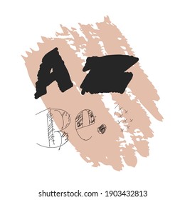Quirky hand lettering doodle on paint brush stroke background with paper texture, ink and marker pen style. Grungy A Z letters, alphabet stars crosses decor, black on 2021 trendy pink color background