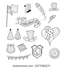 Quirky hand-drawn icons capture the fun of July 4th, featuring cartoon fireworks, flags, eagle head and others for celebrate at 4th of july design
