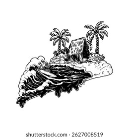Quirky hand-drawn illustration of a skull surfing on a pizza slice beach. Funny, surreal artwork combining food and extreme sports with a gothic twist.