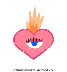 Corazón quirky con un ojo y llama, dibujo a mano ilustración plana vectorial aislada en fondo blanco. Dibujo de día de San Valentín con textura gruesa. Falso símbolo de amor.