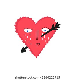 Quirky heart in tears with arrow inside, cartoon flat vector illustration isolated on white background. Funky heart with sad face expression. Concepts of love and Valentines day.