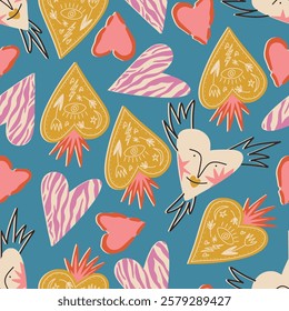 Quirky hearts seamless pattern, cartoon flat vector illustration on blue background. Funky hearts with face and zebra print. Concepts of love and Valentines day.