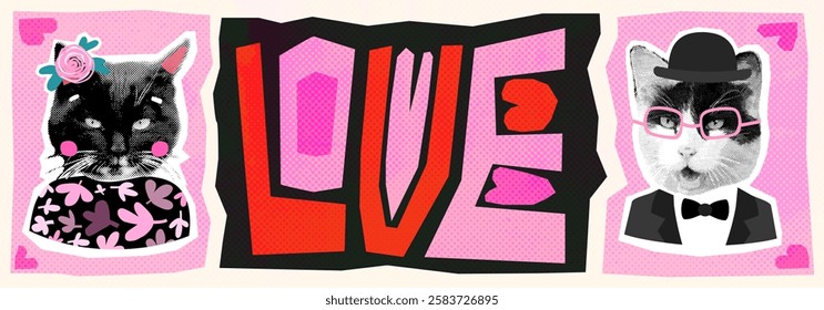 Quirky horizontal vector banner with collage cats, bold geometric text love and hearts for Valentine's Day and wedding graphic design