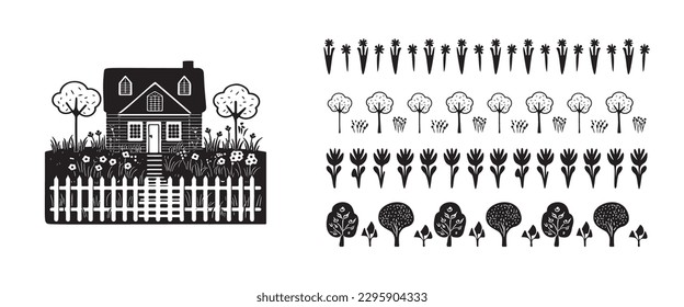 Quirky house with group of forest borders in vector motif organic style. Hand drawn whimsical linocut cityscape house for rural graphic.