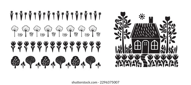 Quirky house with group of forest borders in vector motif organic style. Hand drawn whimsical linocut cityscape house for rural graphic.