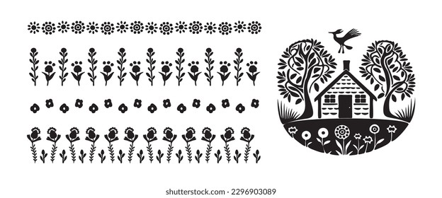 Quirky house with group of forest borders in vector motif organic style. Hand drawn whimsical linocut cityscape house for rural graphic.