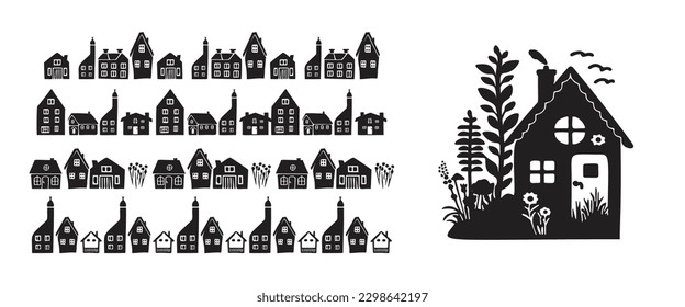 Quirky house with group of forest borders in vector motif organic style. Hand drawn whimsical linocut cityscape house for rural graphic.
