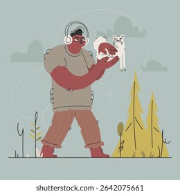 A quirky illustration features a man with headphones, gently carrying a fluffy cat. The scene unfolds outdoors, possibly in a forest, filled with stylized trees and clouds.