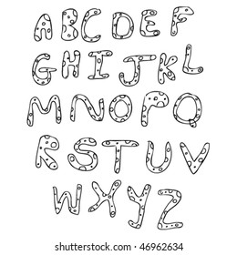 quirky ink drawing in kid's style of the alphabet