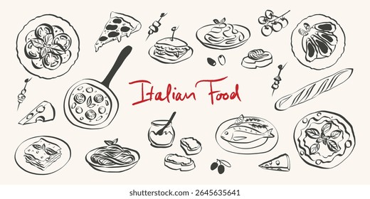 Quirky italian food doodles. Whimsical icons of Italian food in simple crayon and sketch style. Trendy art for menus and dinner brunch invitations. La dolce vita vector illustration