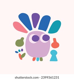 Quirky kids monster in folkart bold style. Vector graphic of funny playful doodle of bright creature for scandi illustration shape. 