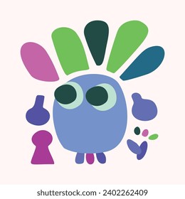 Quirky kids monster in folkart bold style. Vector graphic of funny playful doodle of bright creature for scandi illustration shape. 