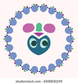 Quirky kids monster in frame folkart bold style. Vector graphic of funny playful doodle of bright creature for scandi wreath illustration shape. 