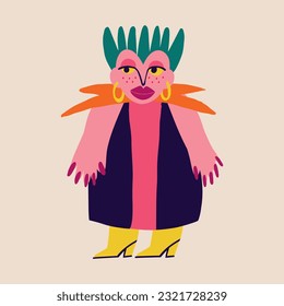 A quirky lady with a funny hairstyle and colorful makeup. Illustration in a fashionable flat style for Halloween