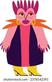 A quirky lady with a funny hairstyle and colorful makeup. Illustration in a fashionable flat style for Halloween