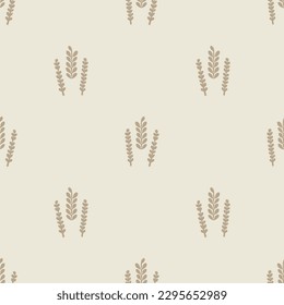 Quirky leaf sprig lino cut motif vector pattern. Seamless decoration of whimsical foliate design for scandi background. 