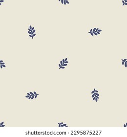 Quirky leaf sprig lino cut motif vector pattern. Seamless decoration of whimsical foliate design for scandi background. 