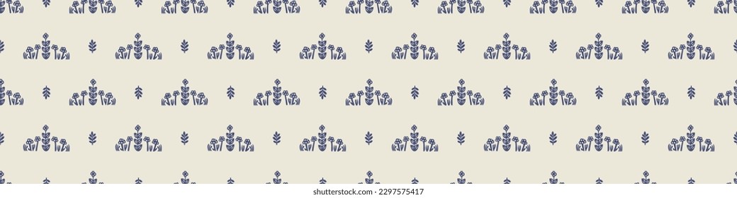 Quirky leaf sprig lino cut motif vector pattern. Seamless decoration of whimsical foliate design for scandi background. 