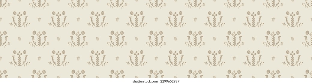 Quirky leaf sprig lino cut motif vector pattern. Seamless decoration of whimsical foliate design for scandi background. 