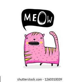 Quirky Meow Cat Cartoon. Colored cat speech bubble hand lettering meow.