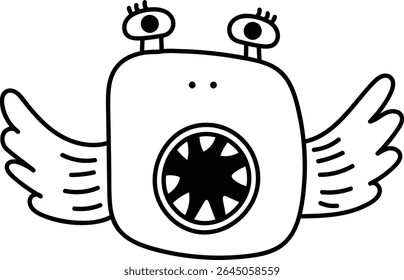 Um monstro peculiar com grandes olhos e asas em um estilo de arte de linha lúdica. A criatura tem uma boca aberta e características cartoonistas. Ilustração de vetor de desenhos animados.