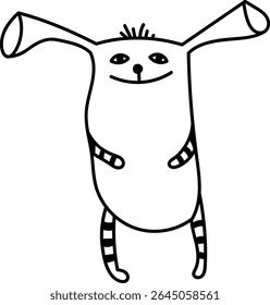 A quirky monster with long ears and striped limbs in a playful doodle style. The creature has a whimsical expression and simple lines, creating a fun, imaginative look. Cartoon vector illustration.