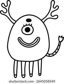 Um monstro peculiar com um olho, galhadas e uma cauda listrada em um desenho de linha em negrito. A criatura tem uma expressão alegre e fica sobre quatro patas. Ilustração de vetor de desenhos animados.