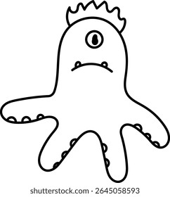 A quirky monster with one eye and tentacles in a playful line art style. The creature has a crown-like head and small bumps on its limbs. Cartoon vector illustration.