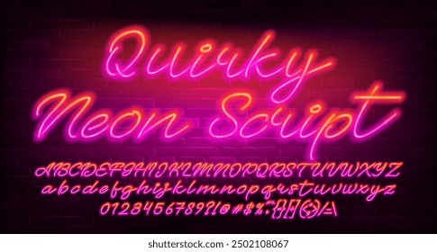 Quirky Neon Script alfabeto fuente. Letras, números y símbolos de escritura de neón brillante. Stock Vector typescript para su diseño.