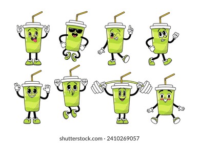 Quirky And Nostalgic Retro Cartoon Cola Cup Characters Set Feature Animated Mugs With Charming Expressions