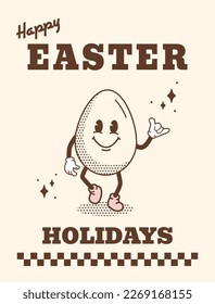 Quirky outline mascot character for spring holiday flyer. Cool funky retro Easter Egg. Happy Easter greeting card template or poster in vintage nostalgic groovy style. Vector illustration.