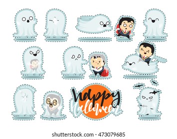 Quirky patch halloween flat set characters. Funny cartoon schoolboy character and ghosts,  Doodle cute characters for holiday happy Halloween. Children and mythical creatures.
