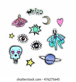 quirky patches, stickers vector set. moths, sugar skull, eyes doodles.