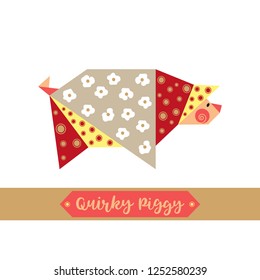 Quirky piggy origami pig icon. Flat hand drawn fun vector colorful character. Isolated cute creative domestic pig geometric shape cartoon illustration. Craft paper folding origami pig design element