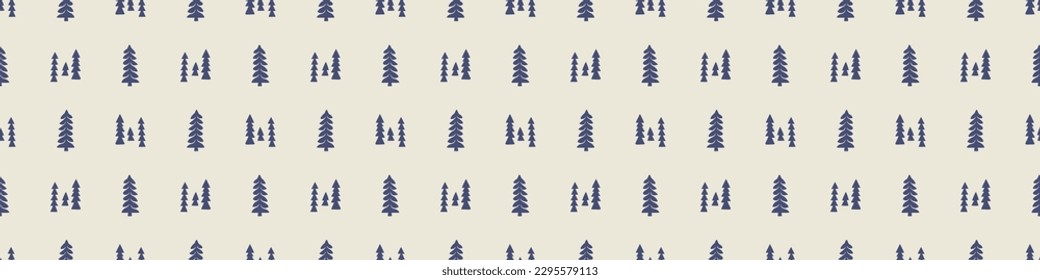 Quirky pine tree blue motif vector border. Seamless decoration of whimsical woodland botanical design for scandi ribbon. 