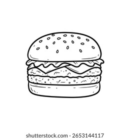 Quirky playful black-and-white vector illustration of a sesame seed burger with thick crispy textured patty and wavy sauce layers in fun minimalist outline style for restaurant branding and creative 