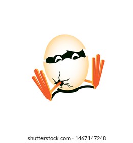 A quirky and playful vector mascot featuring a cream-colored egg hatching to reveal a character with a black mask and expressive eyes. The design includes bright orange feet and a cracked shell detail, symbolizing new beginnings, surprises, and a fun "hidden" personality. This unique illustration is perfect for children's brands, toy packaging, gaming avatars, surprise-themed products, and creative startups looking for a memorable and humorous mascot.