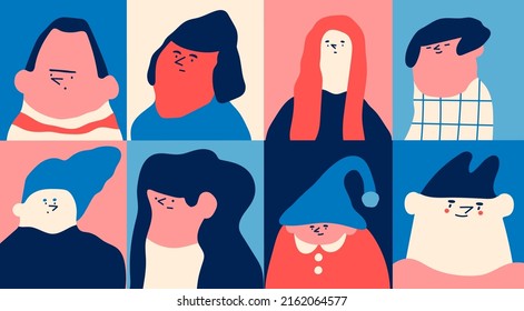 Retratos extravagantes. Personas diversas. Personajes graciosos. Arte moderno de moda. Caricatura, estilo contemporáneo minimalista y abstracto. Avatar, icono, afiche, plantillas de logotipo. Ilustración aislada del vector dibujado a mano