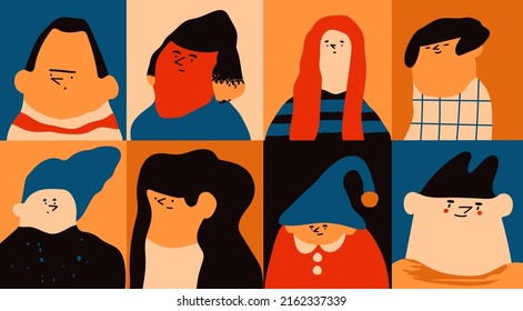 Quirky portraits. Diverse people. Cute funny characters. Trendy modern art. Cartoon, minimal, abstract contemporary style. Avatar, icon, poster, logo templates. Hand drawn Vector isolated illustration