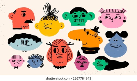 Quirky portraits. Diverse people. Cute funny character. Trendy modern art. Cartoon, minimal, abstract contemporary style. Avatar, icon, poster, logo templates. Hand drawn Vector isolated illustrations
