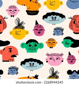 Des portraits bizarres. Diverses personnes. De mignons personnages drôles. Art moderne branché. Dessin, style contemporain abstrait, minimaliste. Motif Vectoriel harmonieux dessiné à la Main. Arrière-plan, fond d'écran