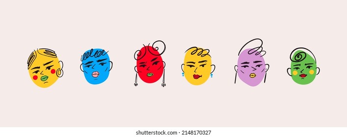 Quirky portraits of pretty ladies. Fashion models. Fancy look. Trendy modern art. Cartoon, minimal, abstract contemporary style. Avatar, social media icons templates. Hand drawn Vector illustration