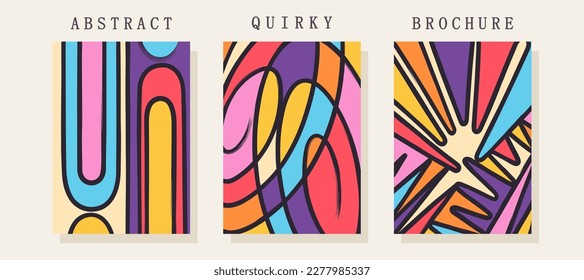 Quirky posters. Colorful randome freehand shapes. Cheerful stylized children's creativity. Trendy composition from brush strokes and spots. Vector template
