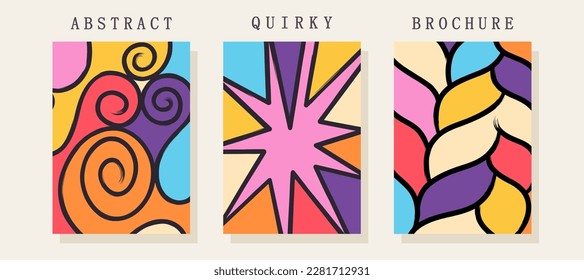 Quirky posters. Colorful randome freehand shapes. Cheerful stylized children's creativity. Trendy composition from brush strokes and spots. Vector template